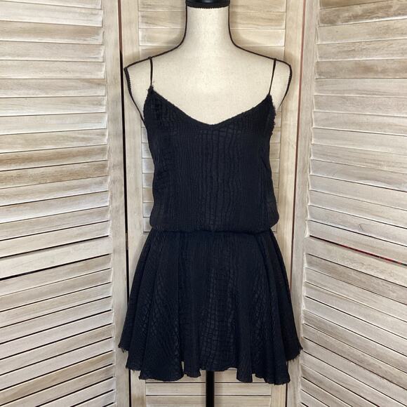 LoveShackFancy Black 100% Silk Croc Textured Mini Dress 1 S